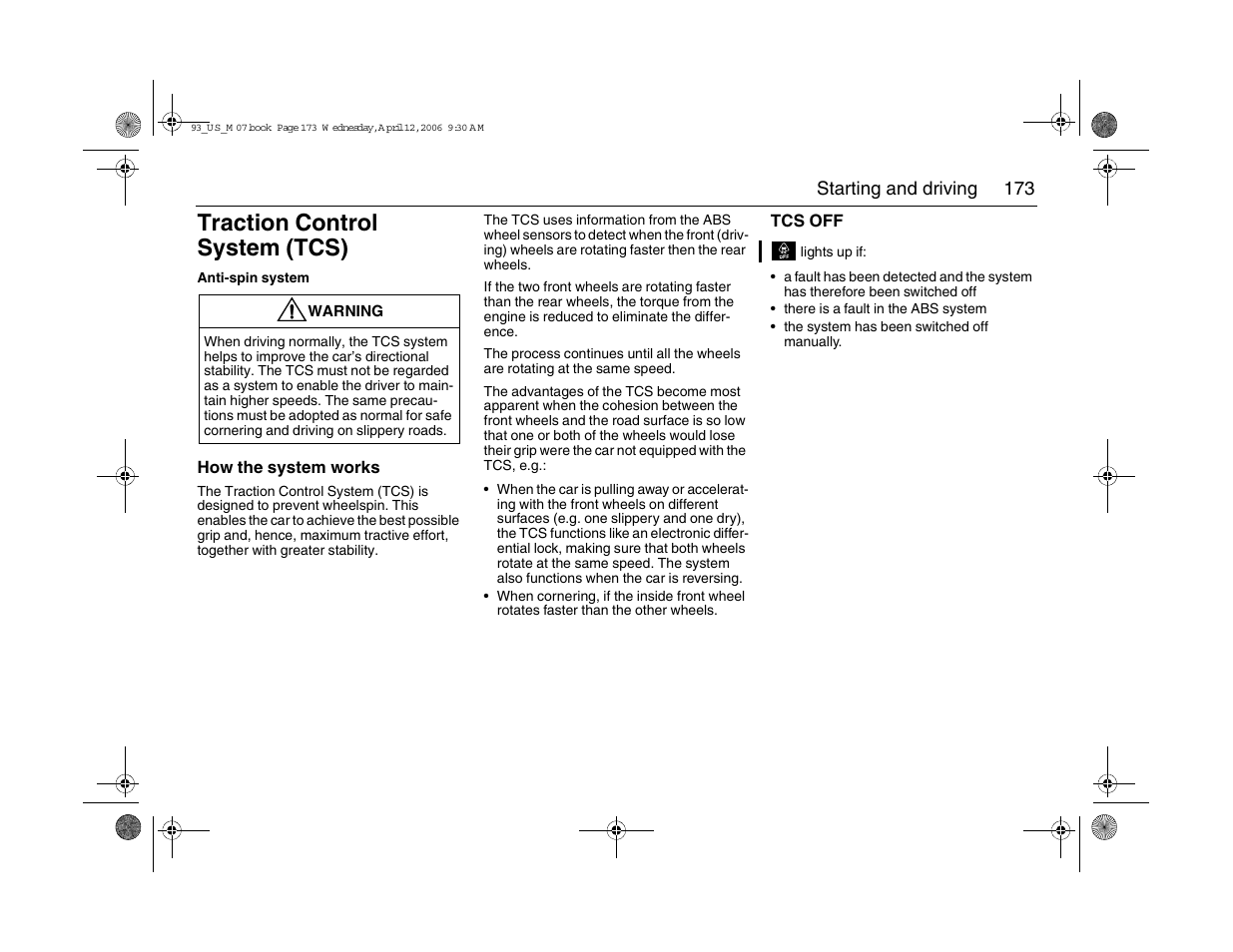 Traction control system (tcs) | Saab 2007 9-3 User Manual | Page 173 / 304