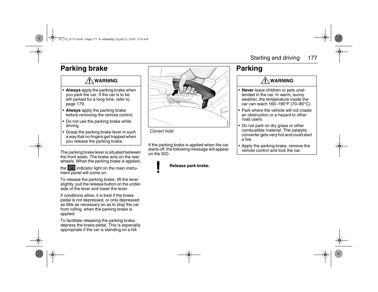 Parking brake, Parking | Saab 2007 9-3 User Manual | Page 177 / 304