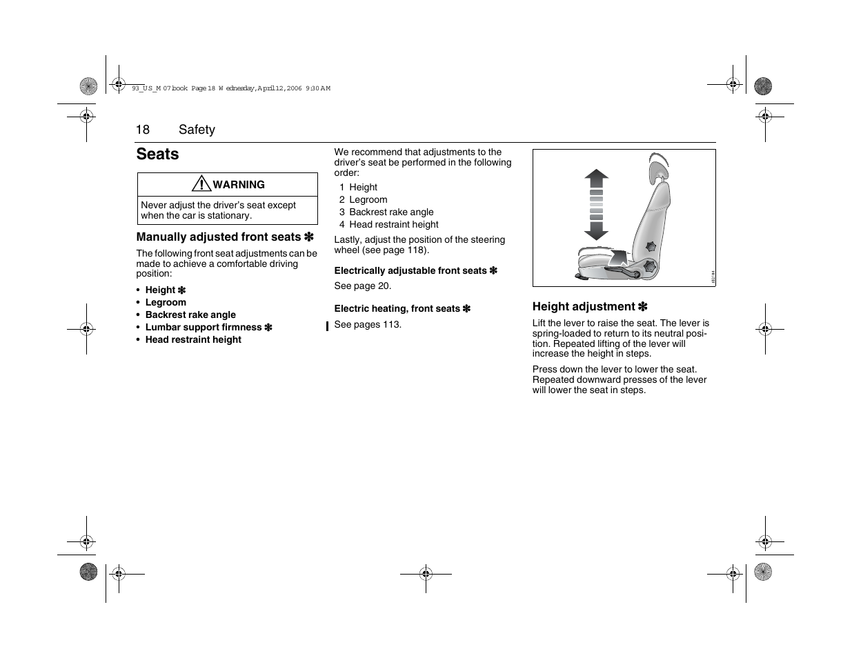 Seats | Saab 2007 9-3 User Manual | Page 18 / 304