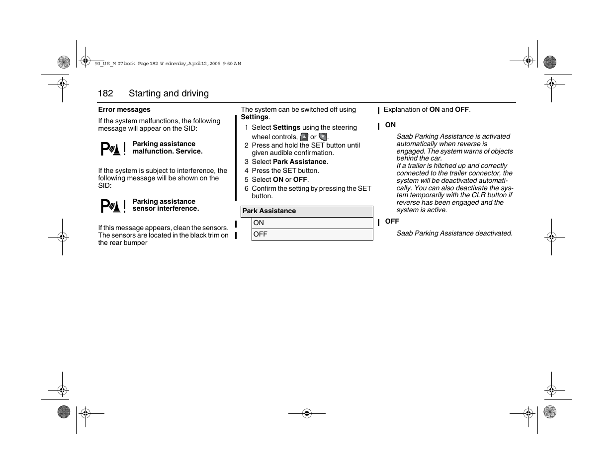 182 starting and driving | Saab 2007 9-3 User Manual | Page 182 / 304