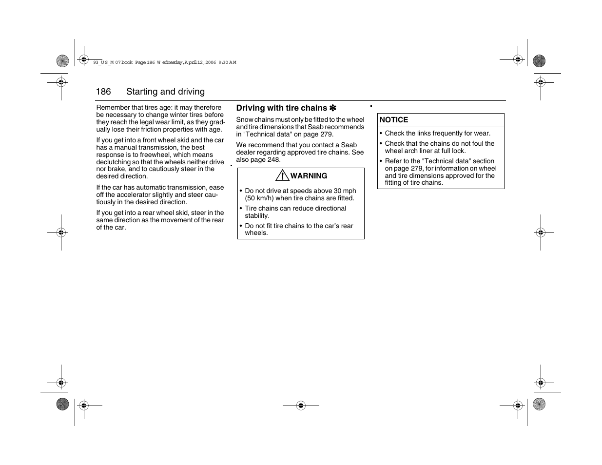 186 starting and driving | Saab 2007 9-3 User Manual | Page 186 / 304