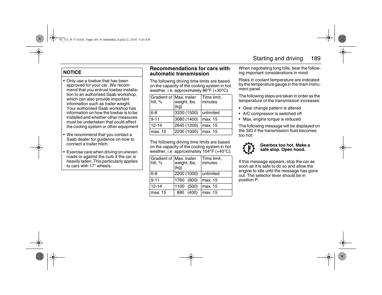 189 starting and driving | Saab 2007 9-3 User Manual | Page 189 / 304