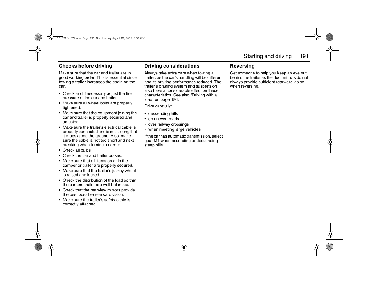 191 starting and driving | Saab 2007 9-3 User Manual | Page 191 / 304