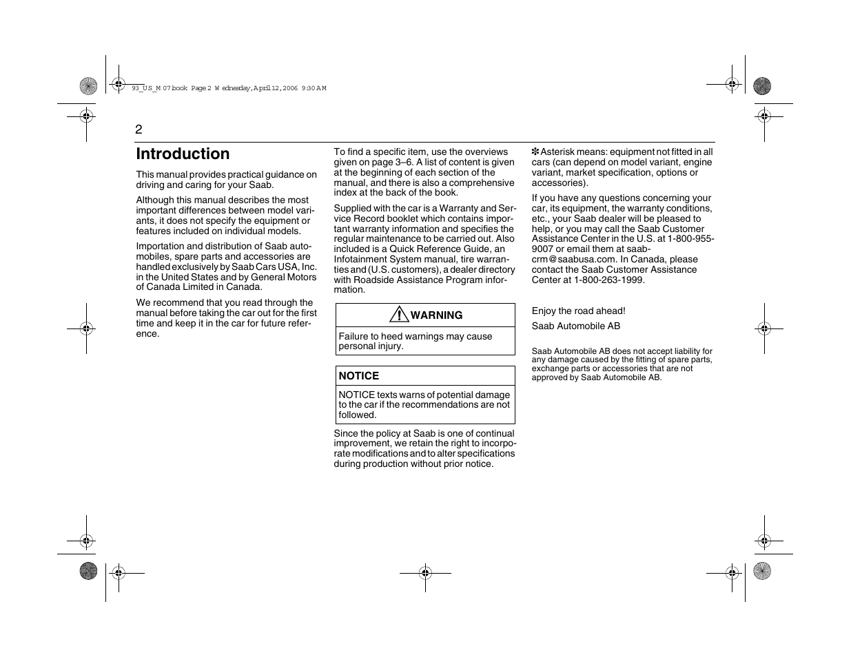 Introduction | Saab 2007 9-3 User Manual | Page 2 / 304