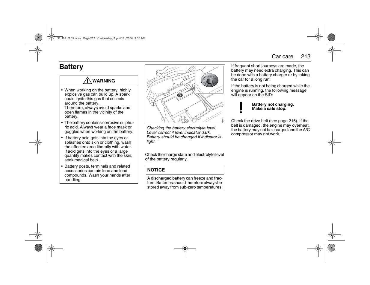Battery | Saab 2007 9-3 User Manual | Page 213 / 304