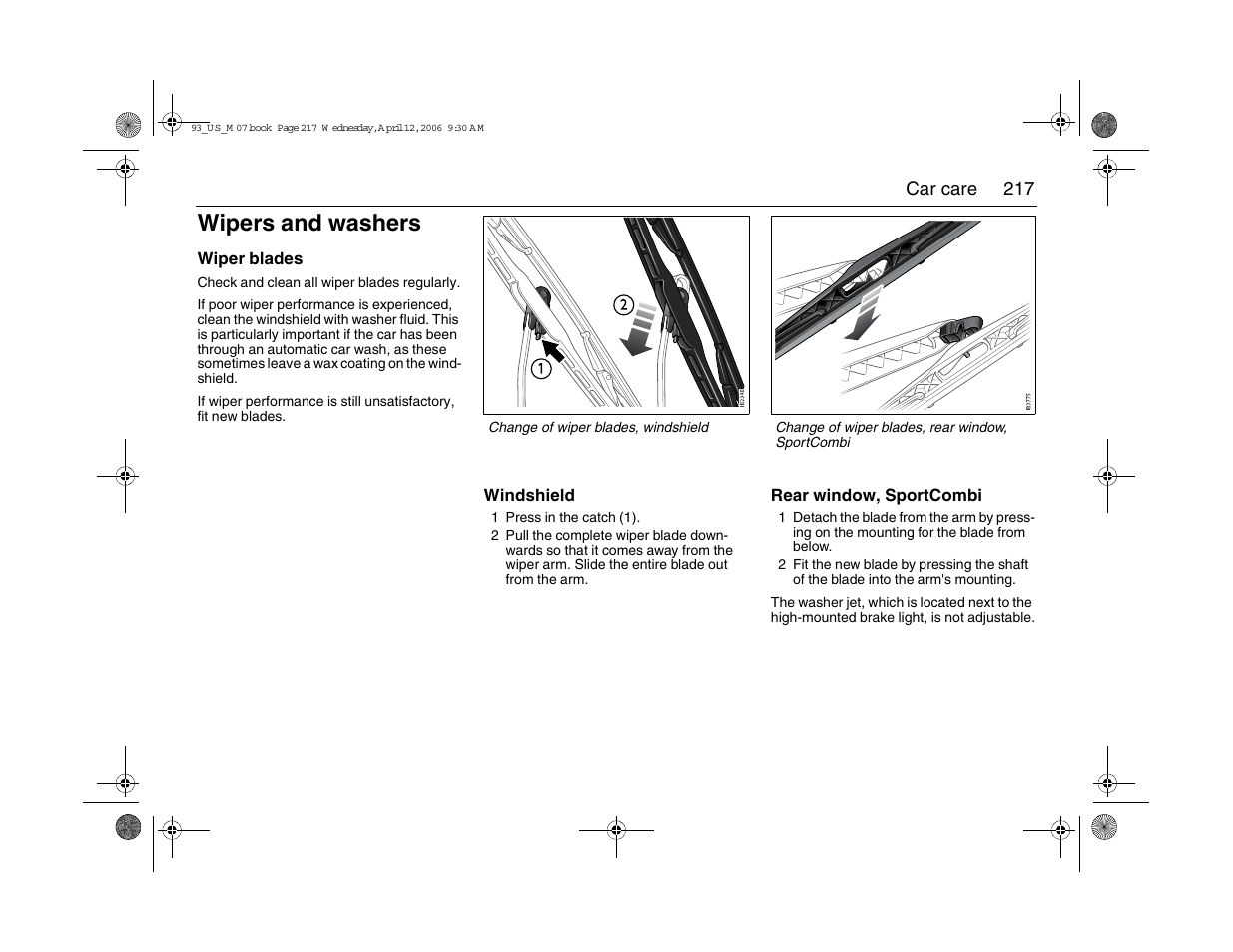Wipers and washers | Saab 2007 9-3 User Manual | Page 217 / 304