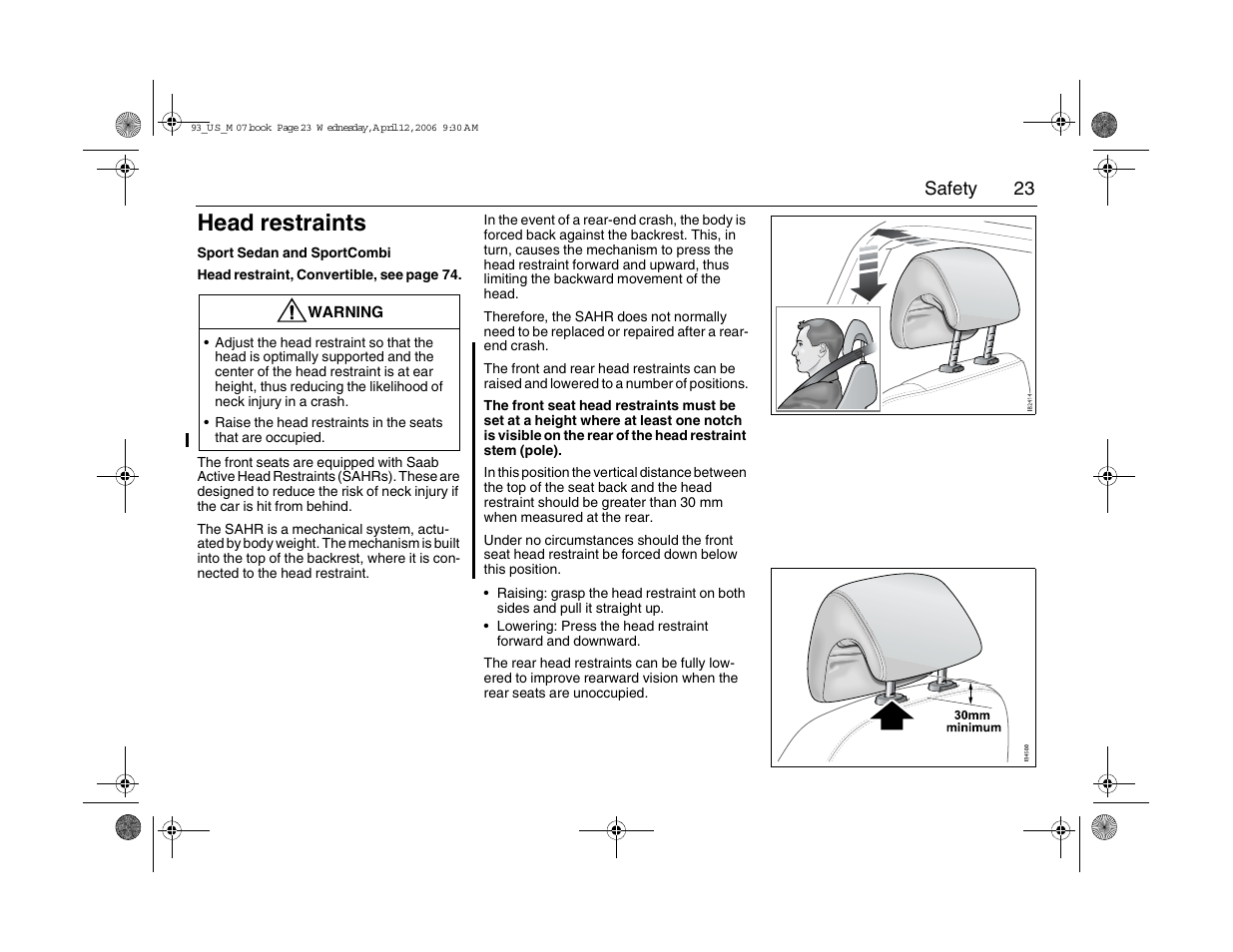 Head restraints | Saab 2007 9-3 User Manual | Page 23 / 304