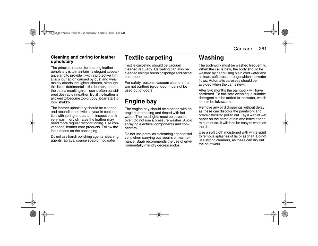 Textile carpeting, Engine bay, Washing | Saab 2007 9-3 User Manual | Page 261 / 304