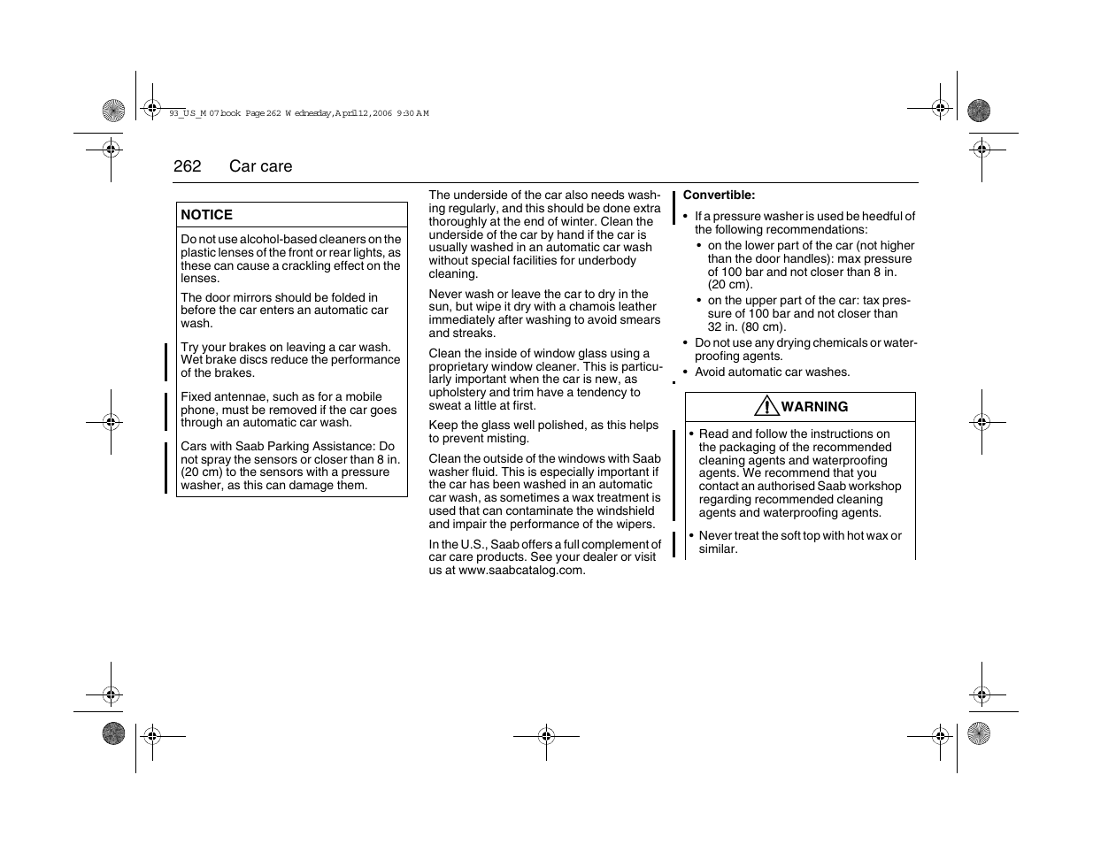 262 car care | Saab 2007 9-3 User Manual | Page 262 / 304