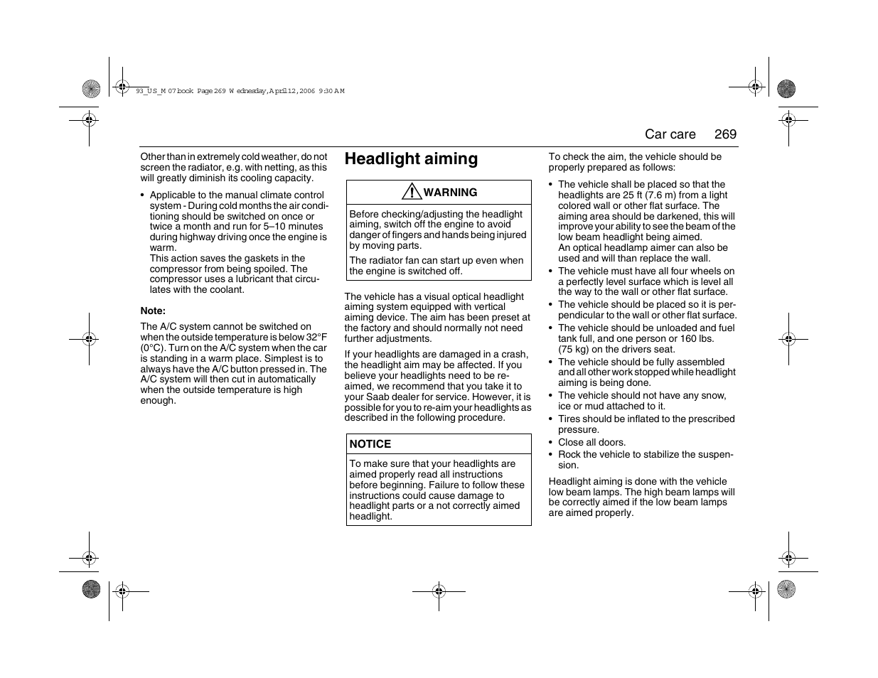 Headlight aiming, 269 car care | Saab 2007 9-3 User Manual | Page 269 / 304