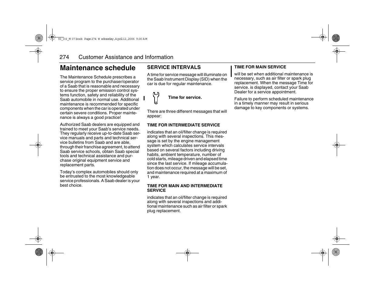 Maintenance schedule | Saab 2007 9-3 User Manual | Page 274 / 304