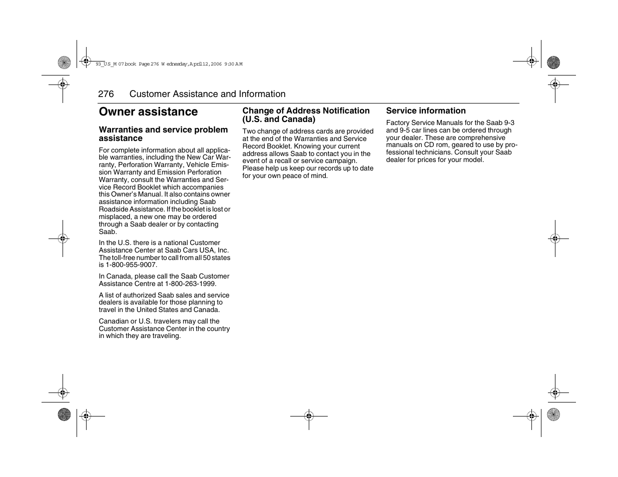 Owner assistance | Saab 2007 9-3 User Manual | Page 276 / 304