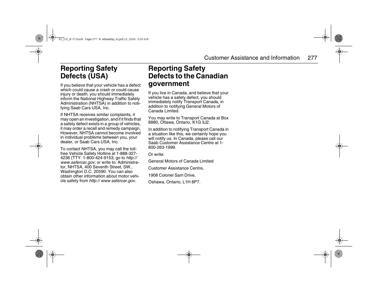 Reporting safety defects (usa) | Saab 2007 9-3 User Manual | Page 277 / 304