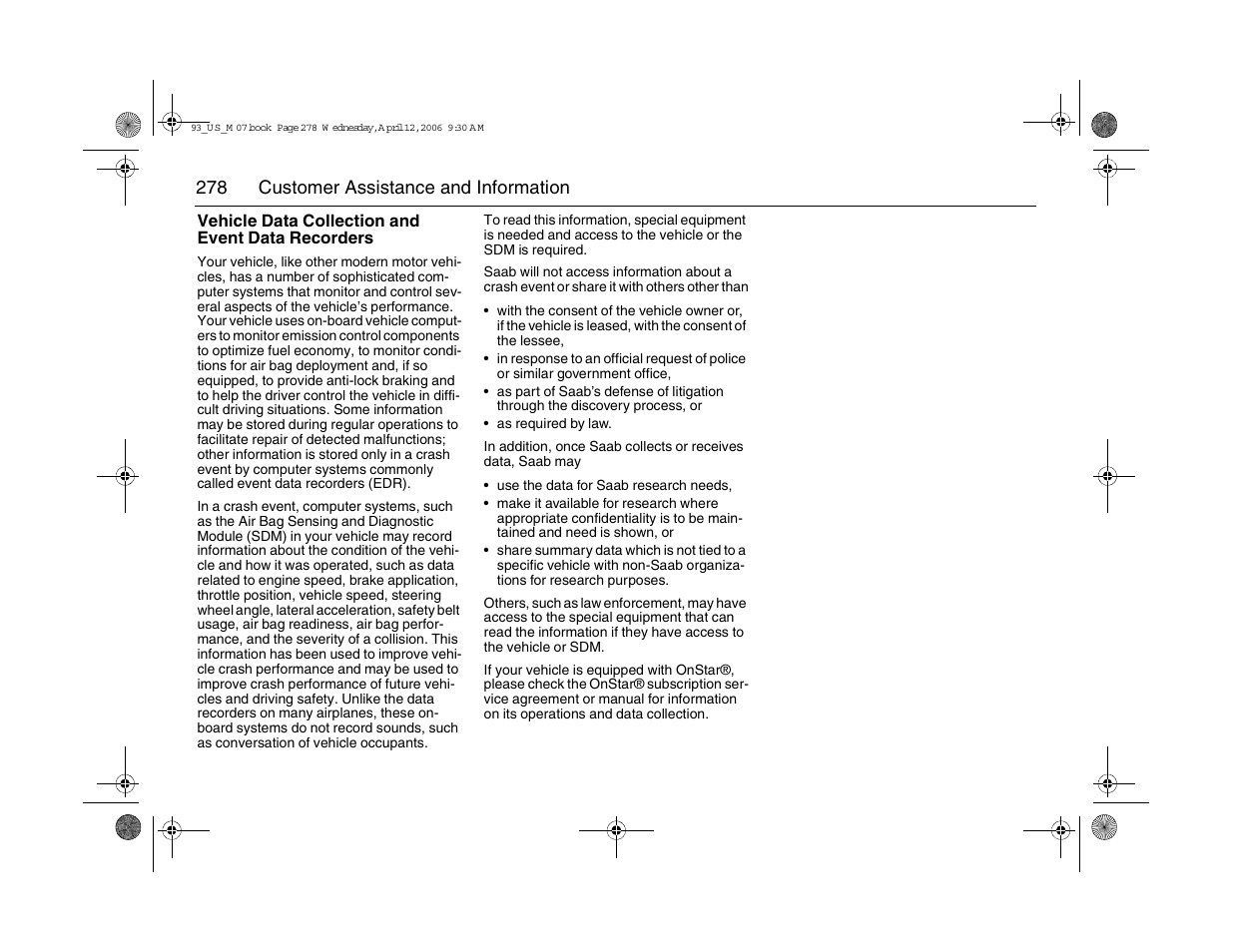 278 customer assistance and information | Saab 2007 9-3 User Manual | Page 278 / 304