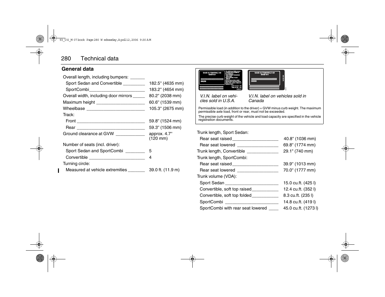 280 technical data | Saab 2007 9-3 User Manual | Page 280 / 304