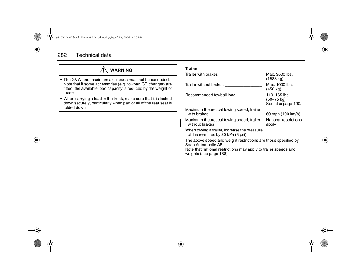 282 technical data | Saab 2007 9-3 User Manual | Page 282 / 304