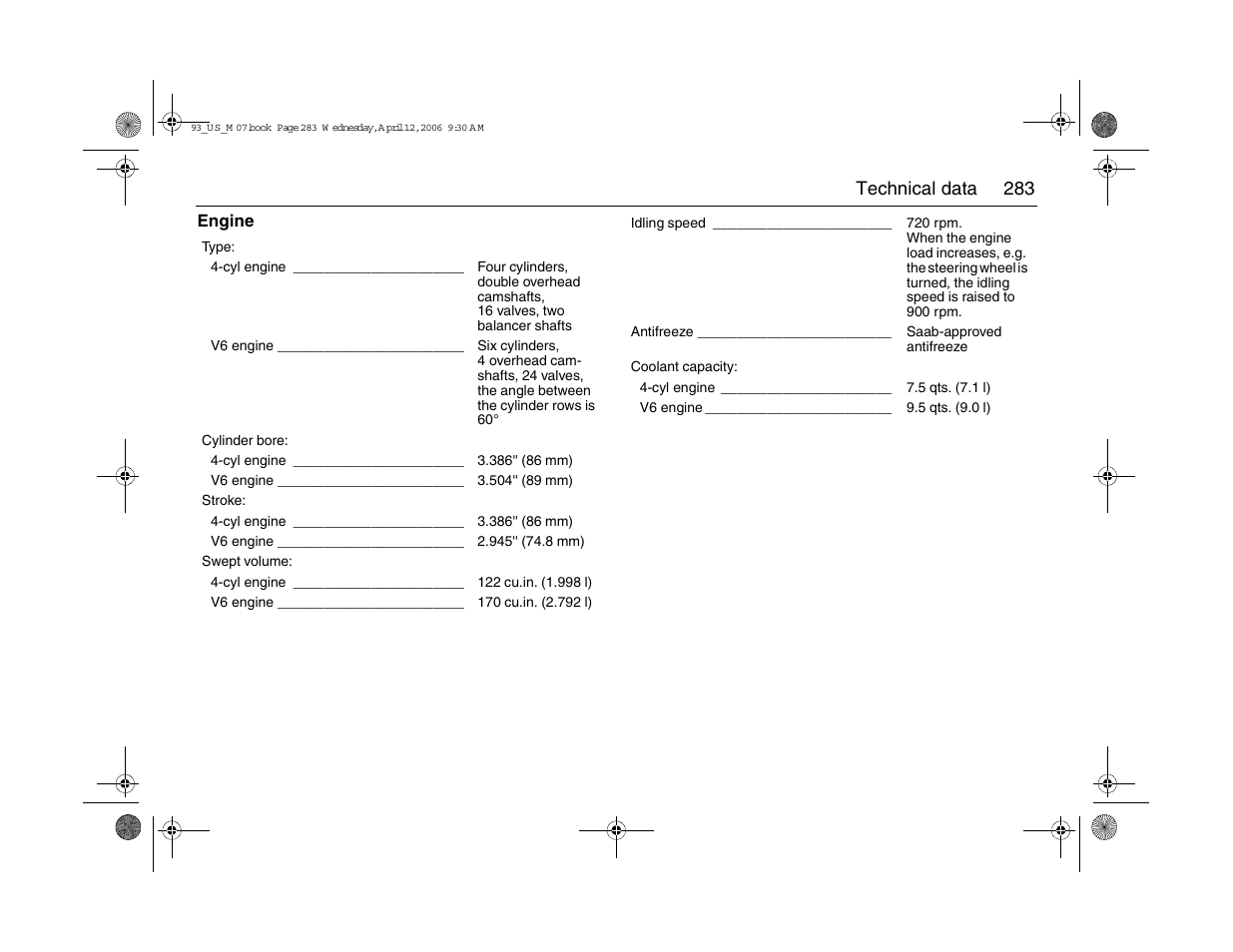 283 technical data | Saab 2007 9-3 User Manual | Page 283 / 304