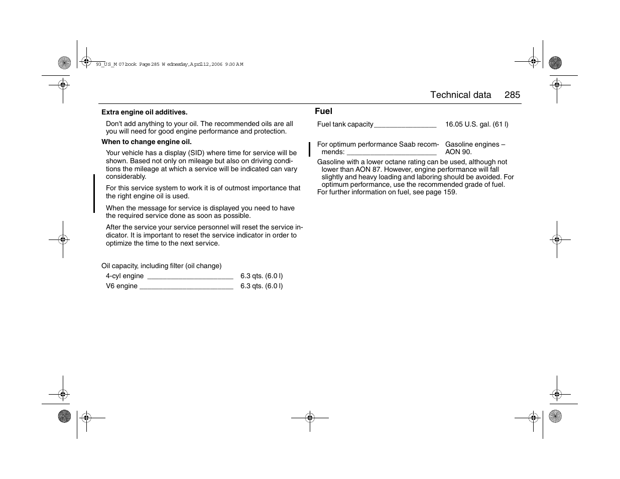 285 technical data | Saab 2007 9-3 User Manual | Page 285 / 304