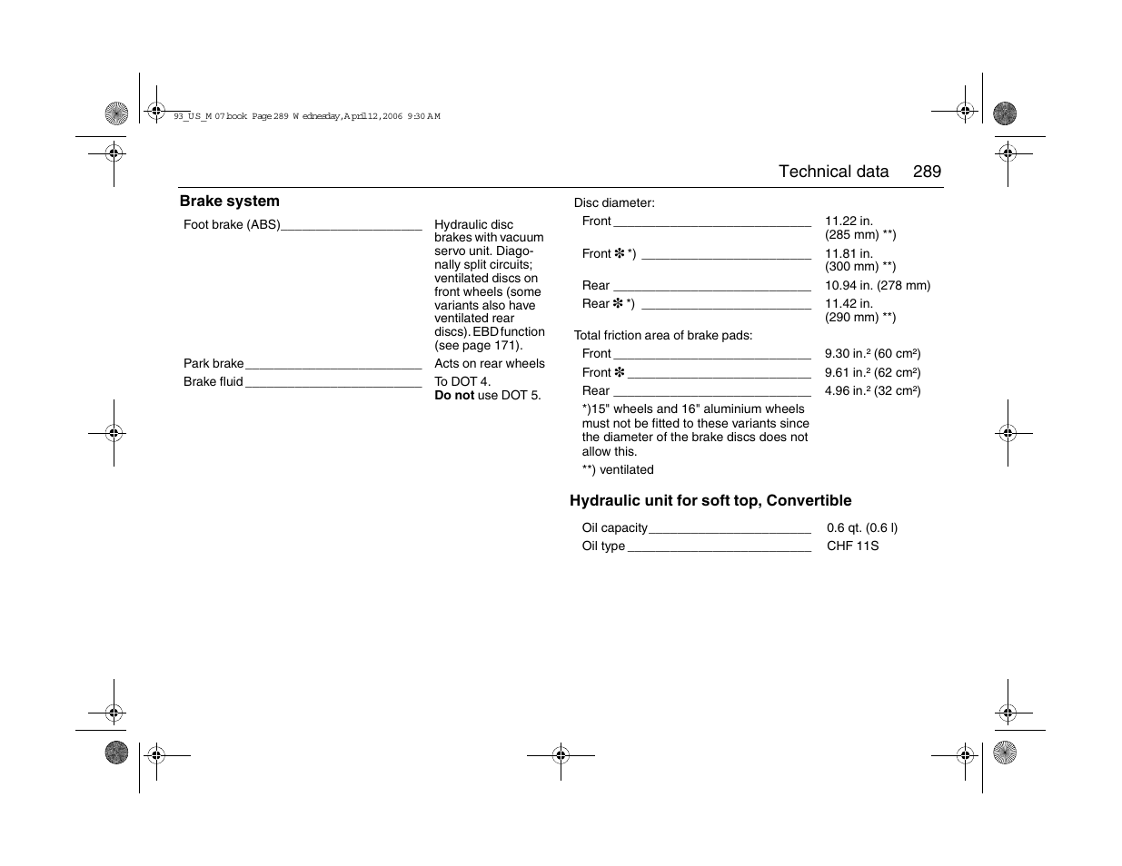 289 technical data | Saab 2007 9-3 User Manual | Page 289 / 304