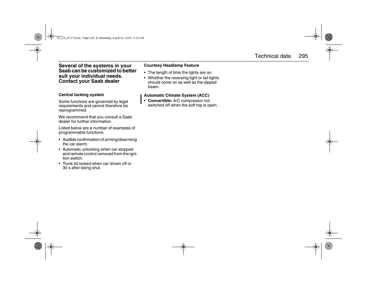 295 technical data | Saab 2007 9-3 User Manual | Page 295 / 304