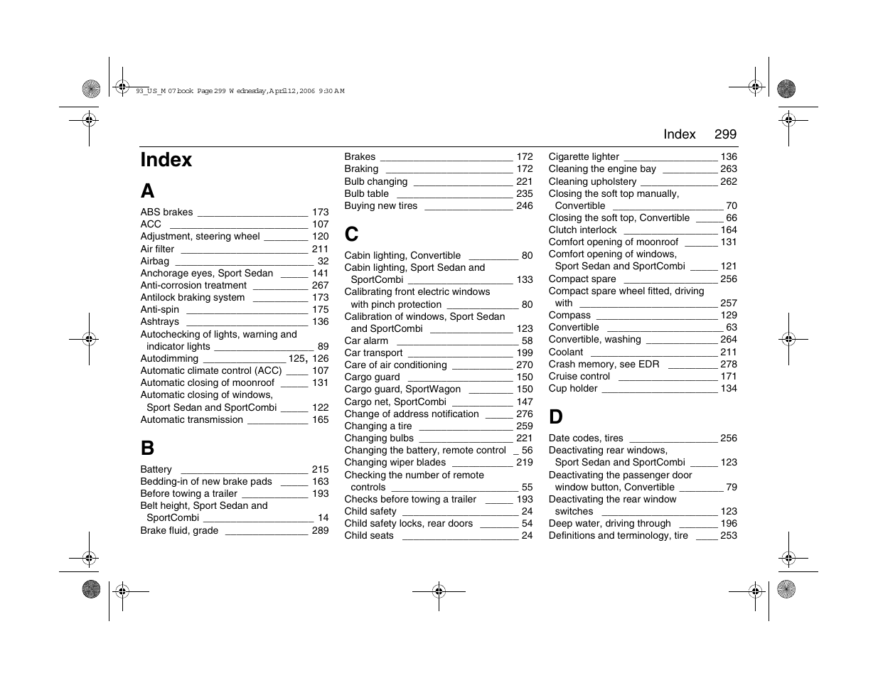 Index a | Saab 2007 9-3 User Manual | Page 299 / 304
