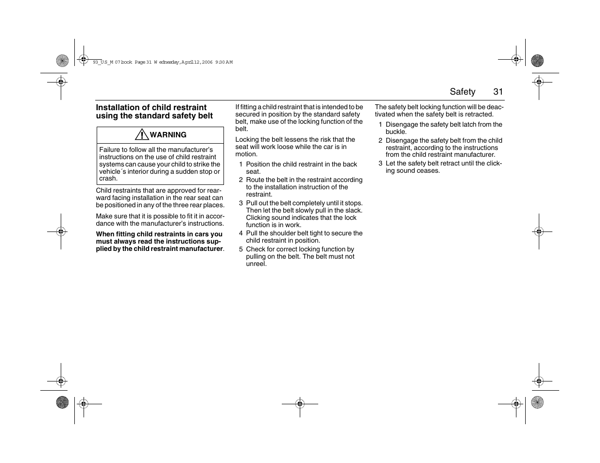 31 safety | Saab 2007 9-3 User Manual | Page 31 / 304