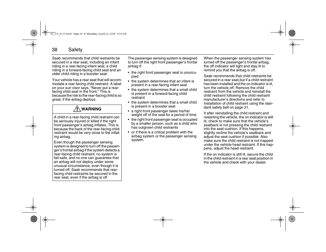 38 safety | Saab 2007 9-3 User Manual | Page 38 / 304