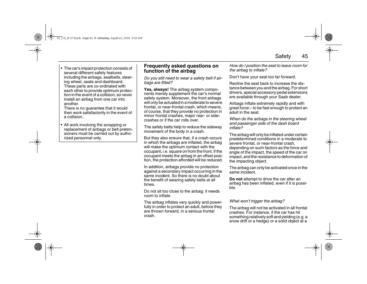 45 safety | Saab 2007 9-3 User Manual | Page 45 / 304