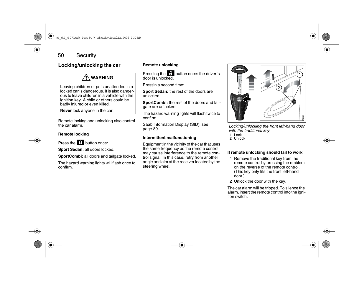 50 security | Saab 2007 9-3 User Manual | Page 50 / 304