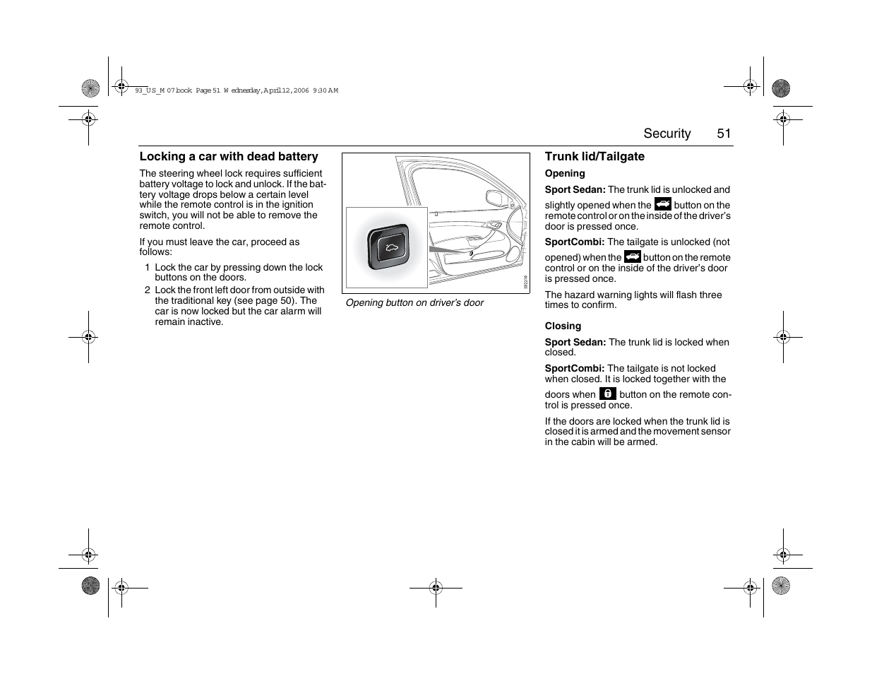 51 security | Saab 2007 9-3 User Manual | Page 51 / 304