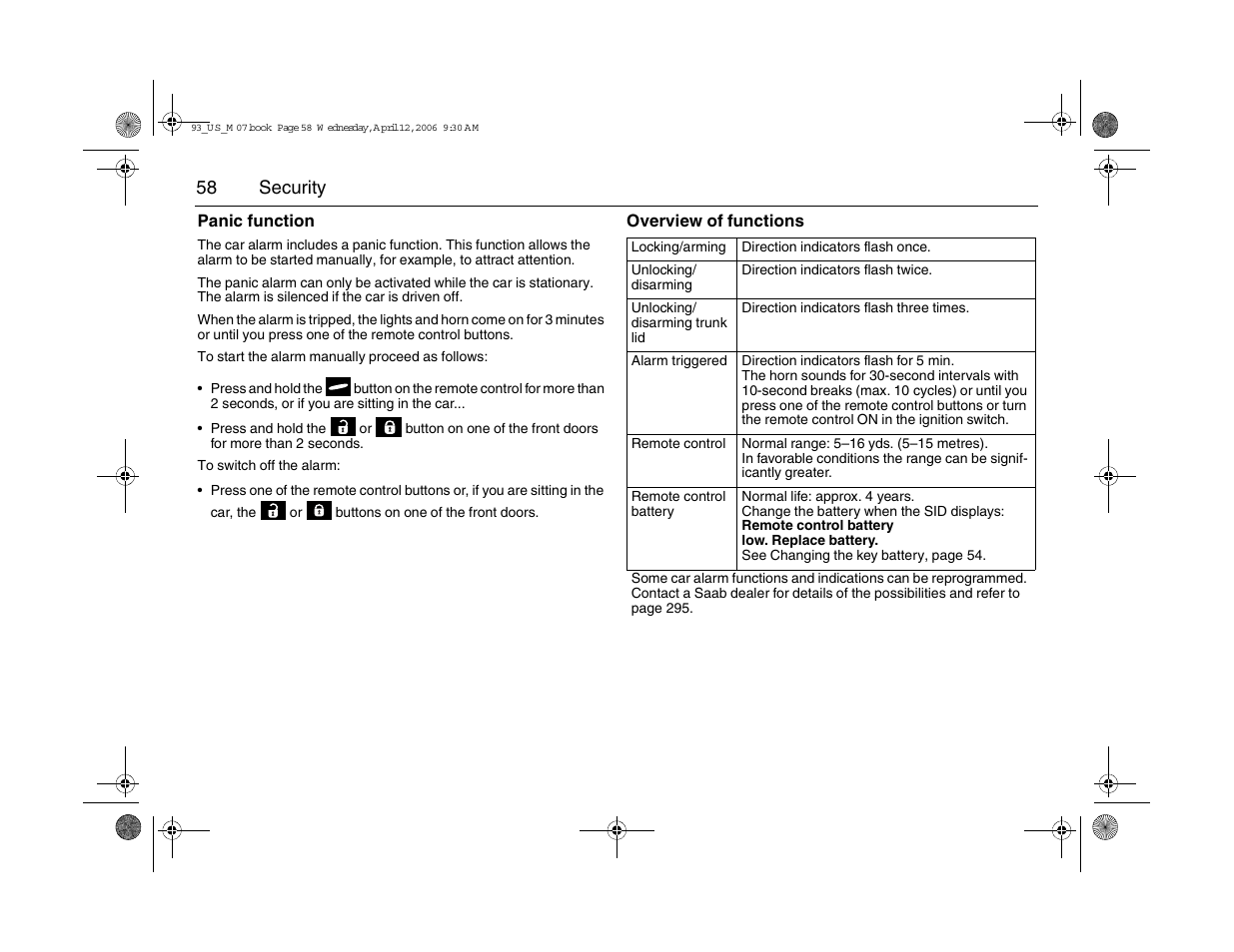 58 security | Saab 2007 9-3 User Manual | Page 58 / 304