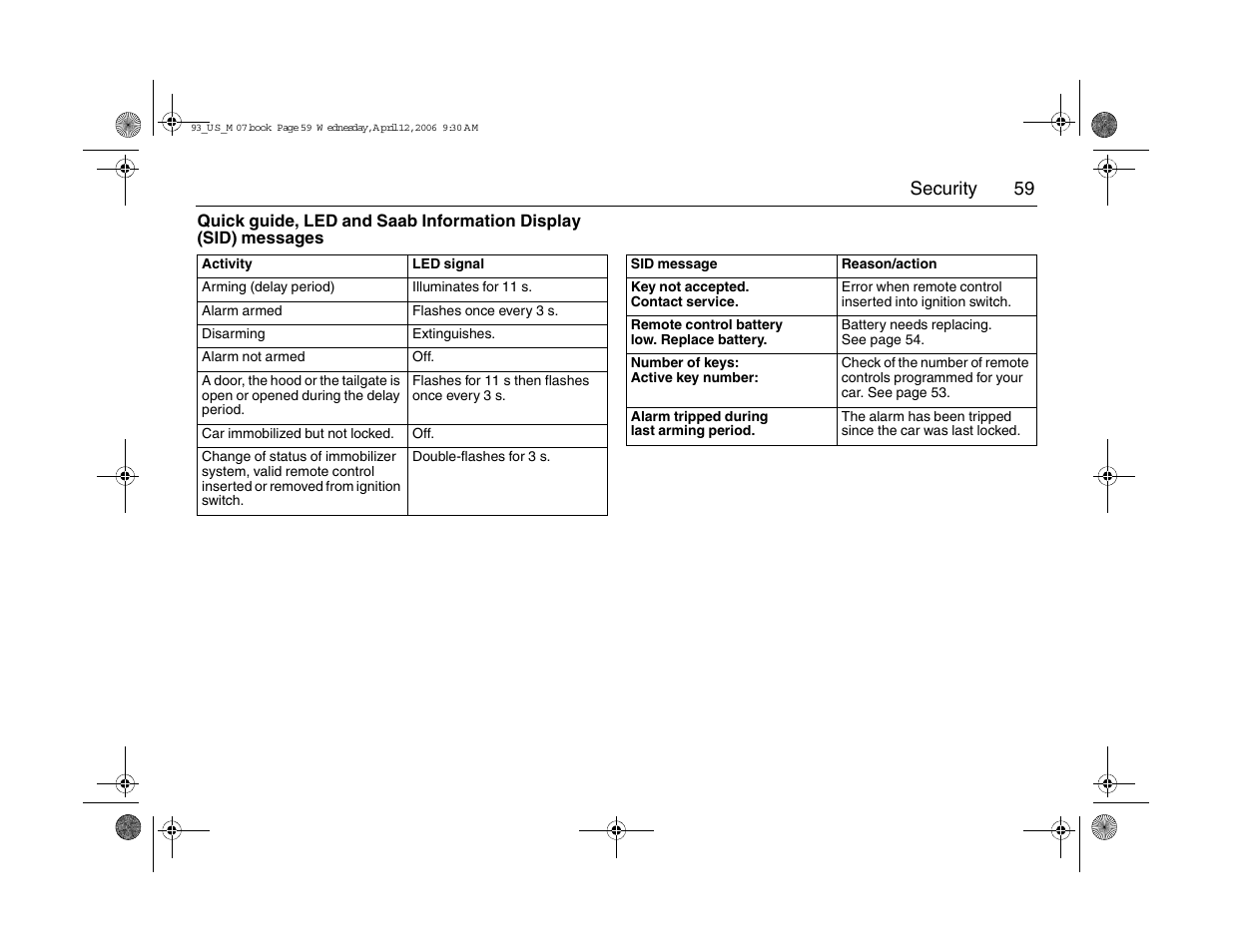 59 security | Saab 2007 9-3 User Manual | Page 59 / 304