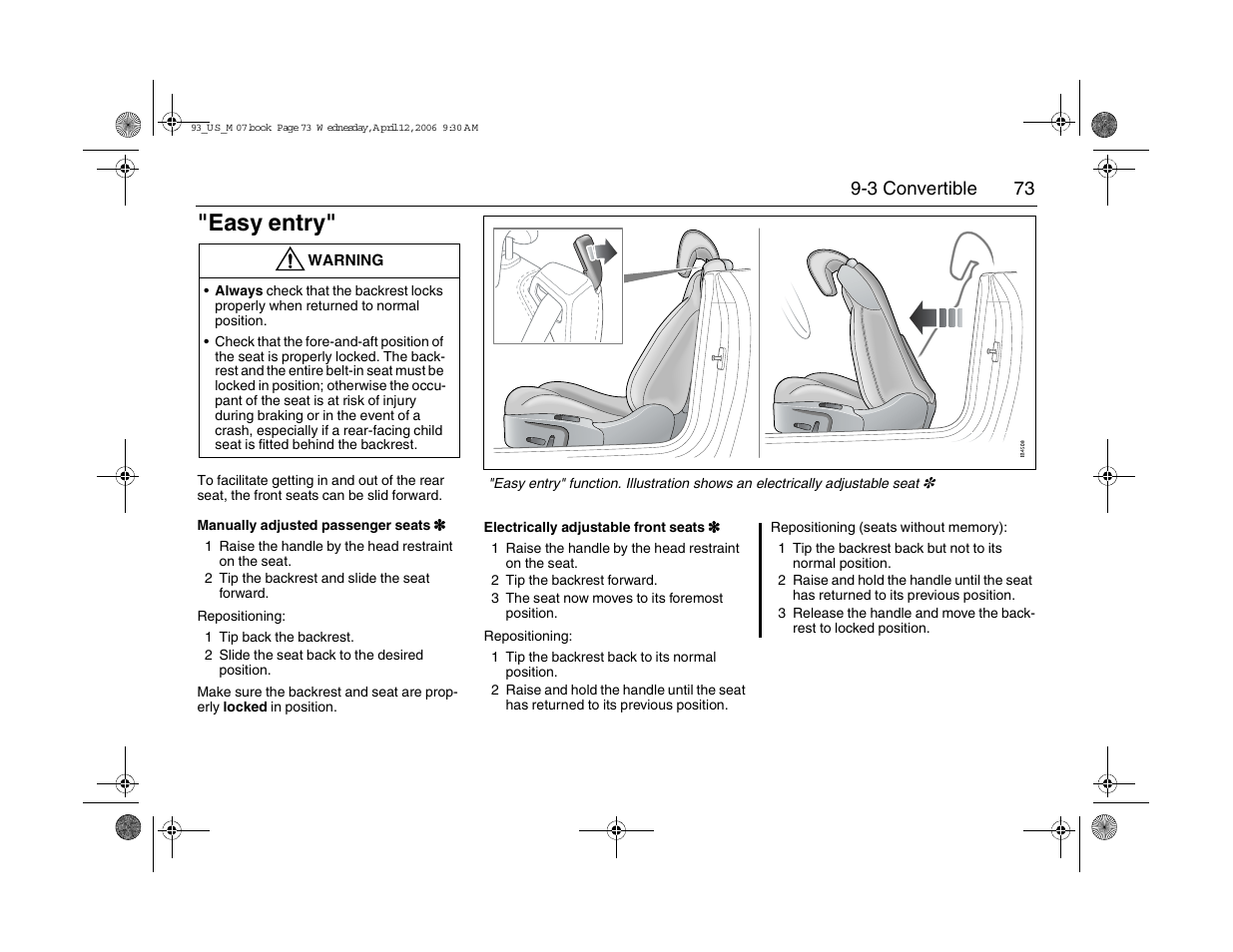 Easy entry, 73 9-3 convertible | Saab 2007 9-3 User Manual | Page 73 / 304