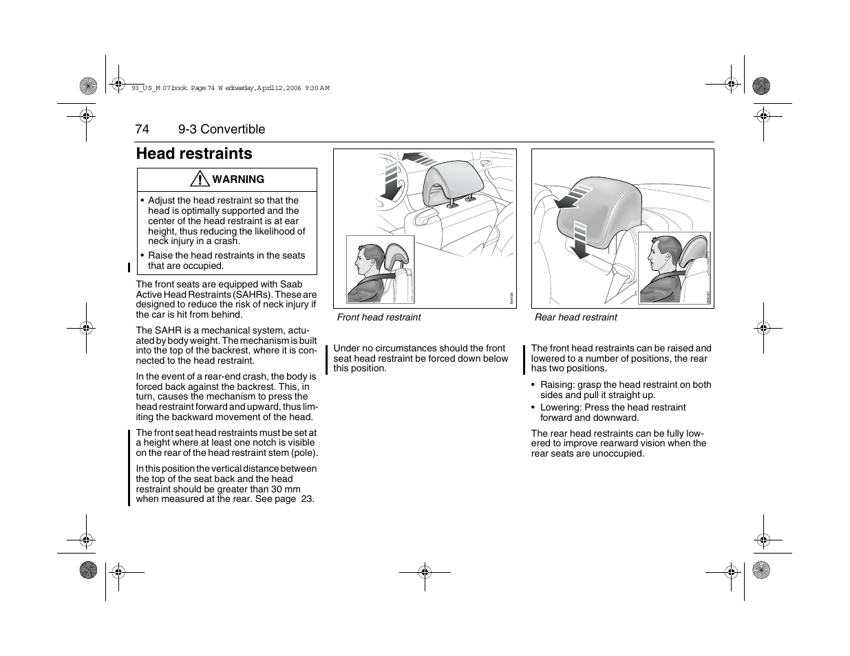 Head restraints | Saab 2007 9-3 User Manual | Page 74 / 304