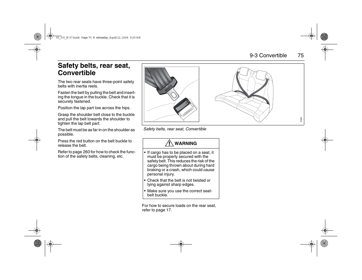 Safety belts, rear seat, convertible | Saab 2007 9-3 User Manual | Page 75 / 304