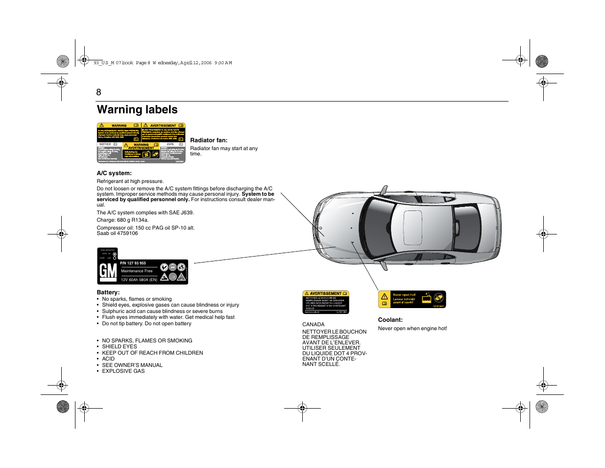 Warning labels | Saab 2007 9-3 User Manual | Page 8 / 304