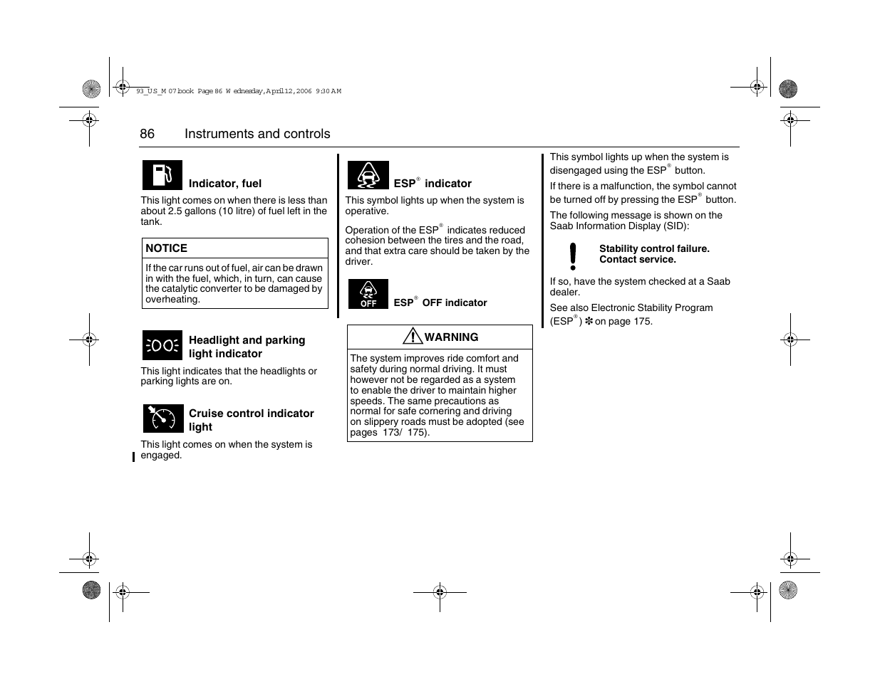 86 instruments and controls | Saab 2007 9-3 User Manual | Page 86 / 304