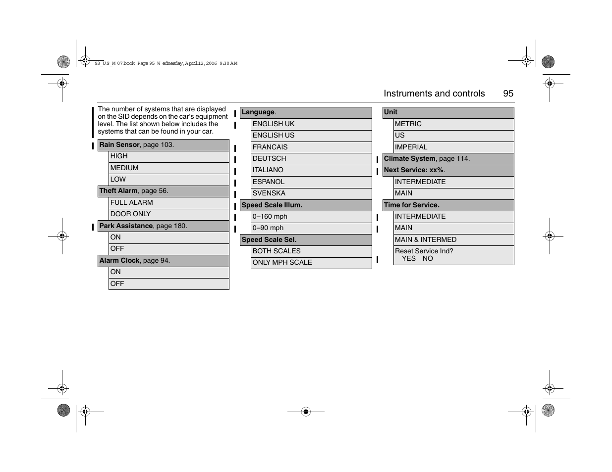 95 instruments and controls | Saab 2007 9-3 User Manual | Page 95 / 304