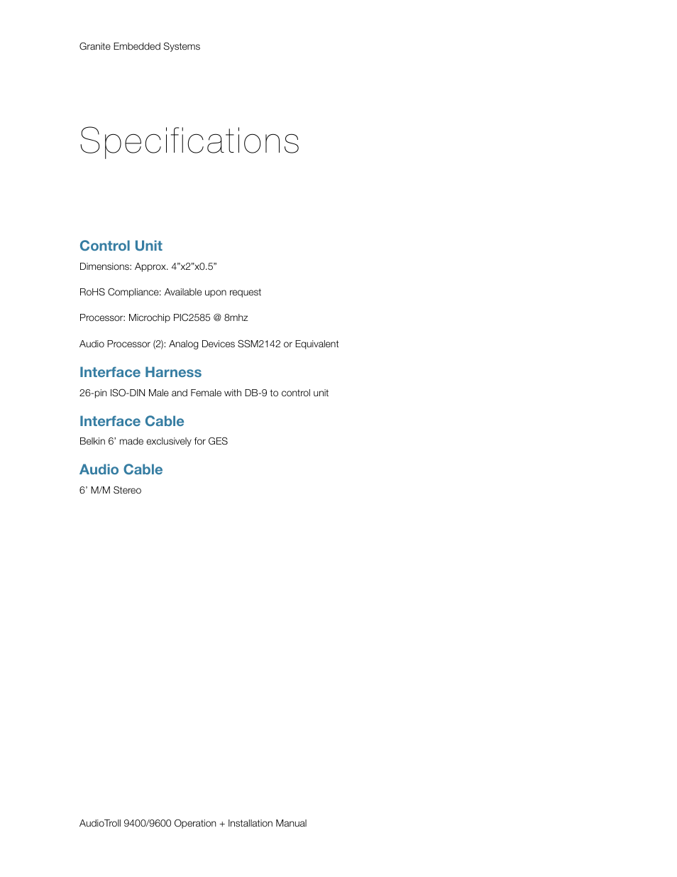 Specifications, Control unit | Saab 9600 User Manual | Page 13 / 13