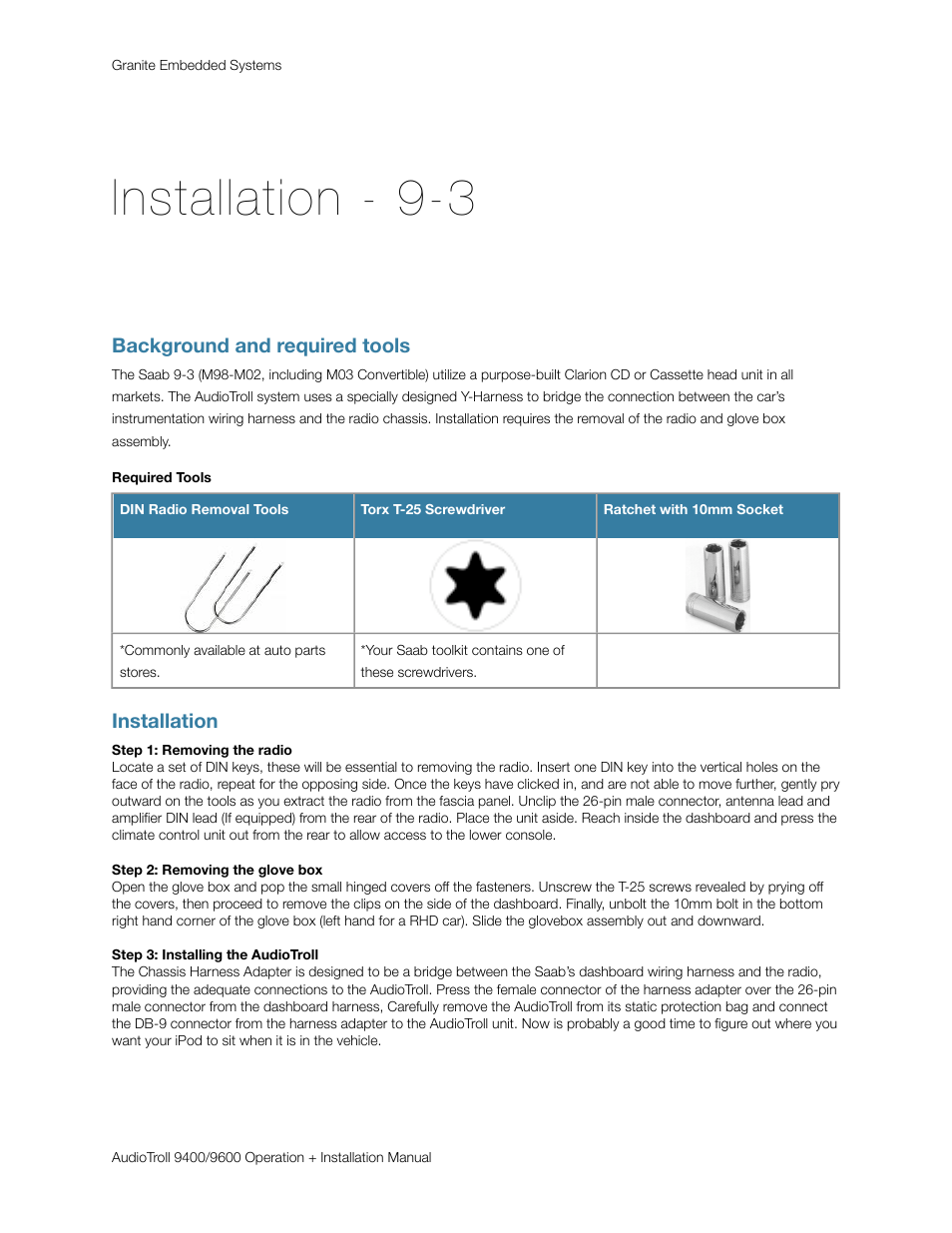 Installation - 9-3, Background and required tools, Required tools | Installation | Saab 9600 User Manual | Page 5 / 13