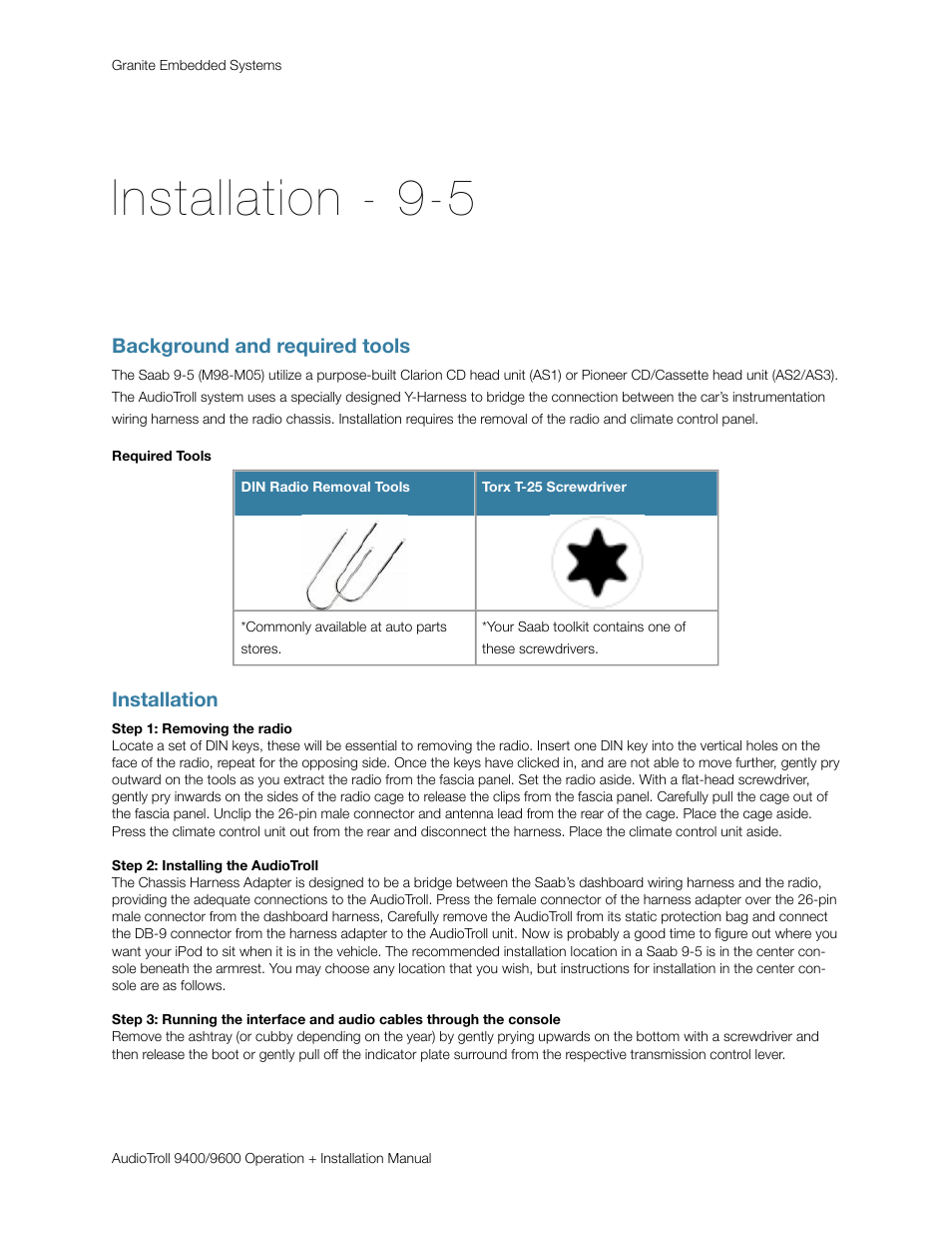 Installation - 9-5, Background and required tools, Required tools | Installation | Saab 9600 User Manual | Page 7 / 13