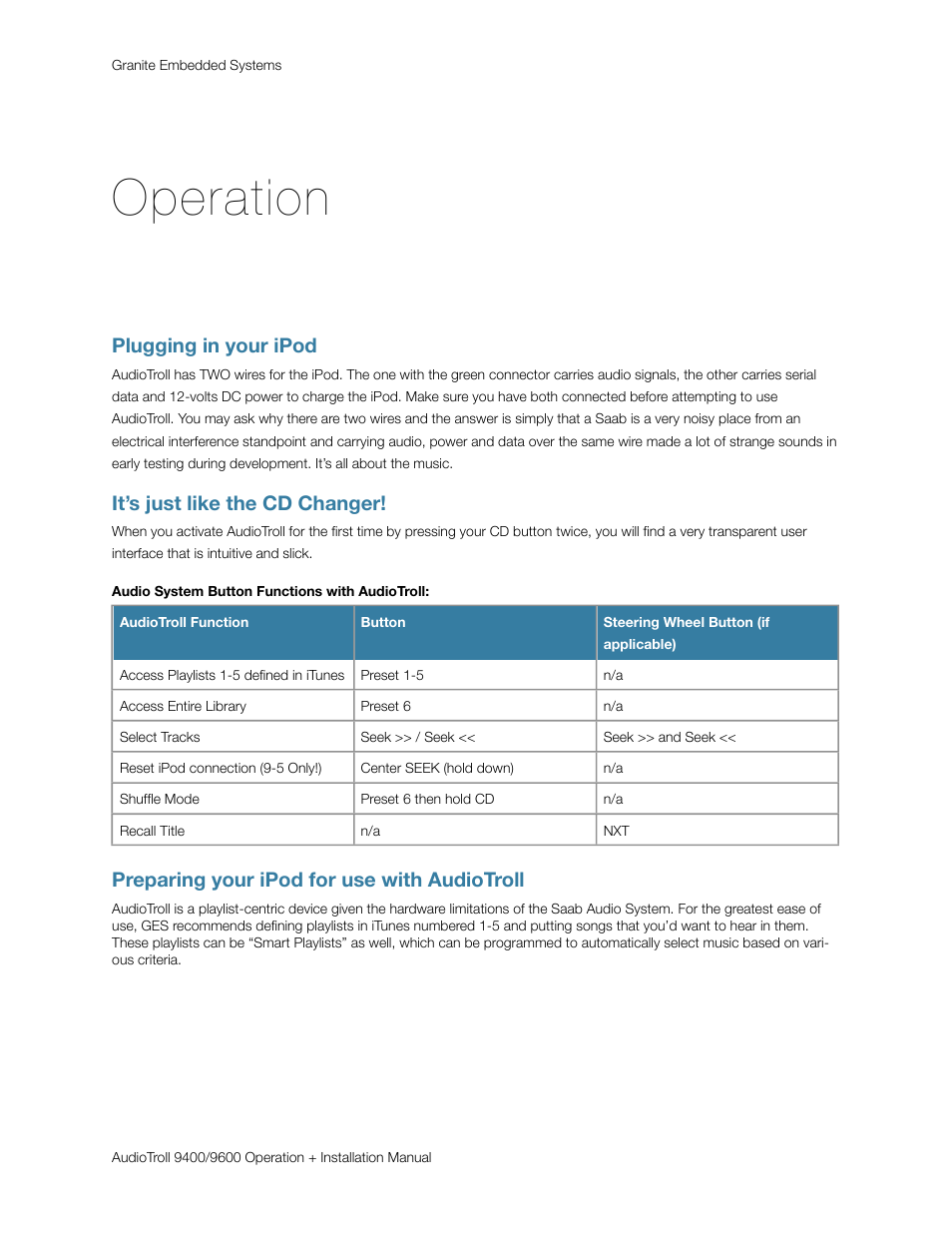 Operation, Plugging in your ipod, It’s just like the cd changer | Audio system button functions with audiotroll, Preparing your ipod for use with audiotroll | Saab 9600 User Manual | Page 9 / 13