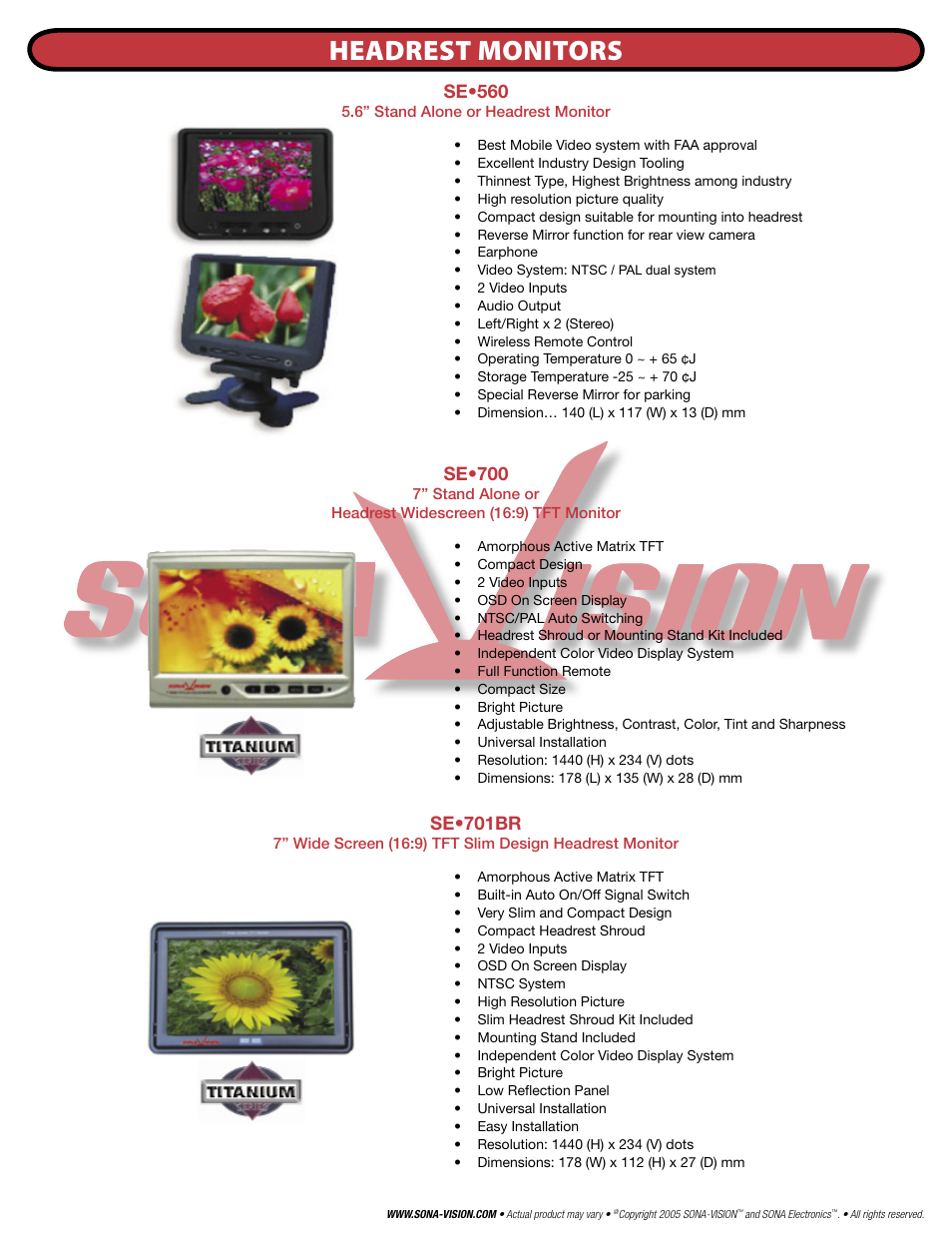 Headrest monitors, Se•560, Se•700 | Se•701br | SONA Electronics SE560 User Manual | Page 3 / 12