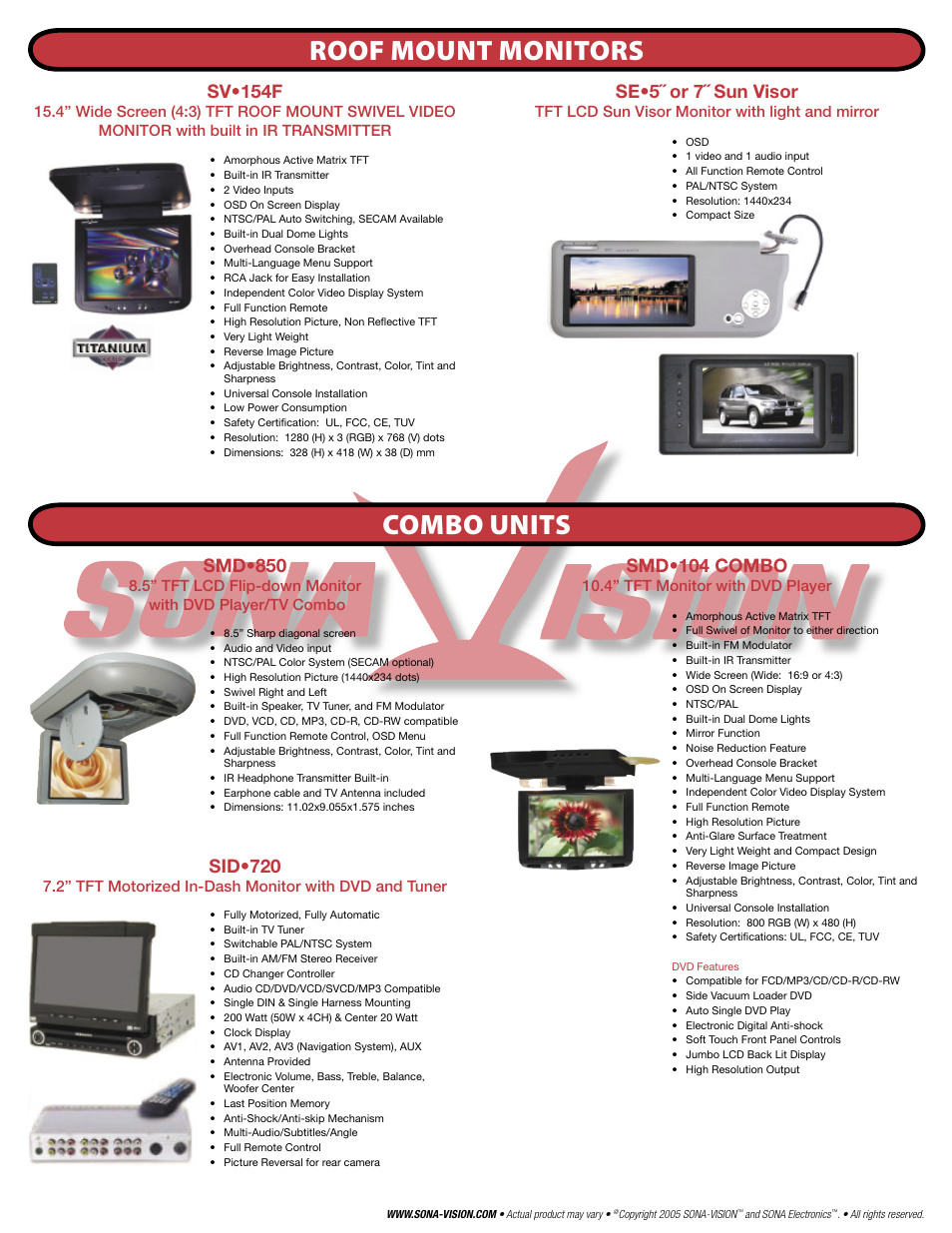 Roof mount monitors, Combo units, Smd•850 | Sid•720, Smd•104 combo, Sv•154f, Se•5˝ or 7˝ sun visor, 4” tft monitor with dvd player, Tft lcd sun visor monitor with light and mirror | SONA Electronics SE560 User Manual | Page 5 / 12