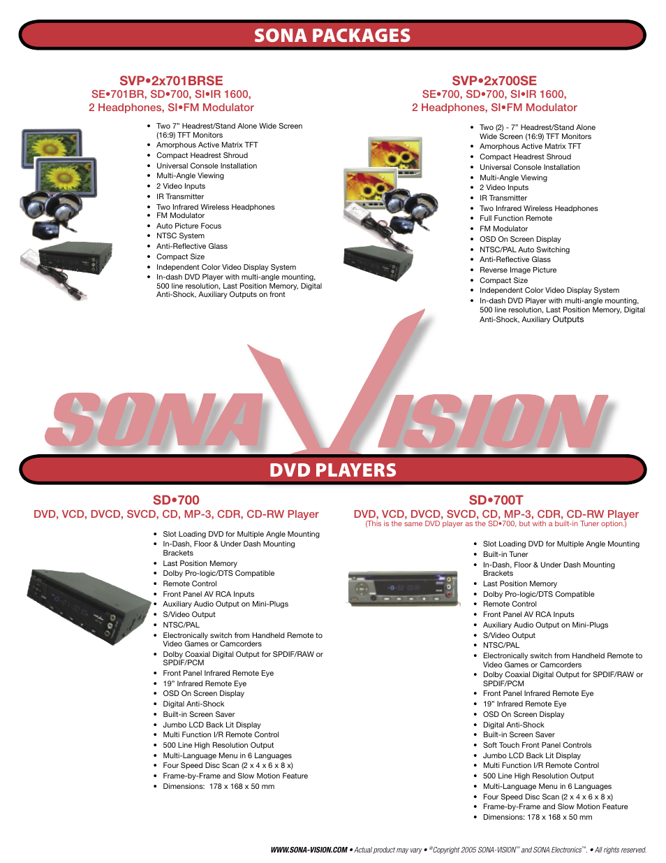 Sona packages dvd players, Svp•2x701brse, Svp•2x700se | Sd•700, Sd•700t, Dvd, vcd, dvcd, svcd, cd, mp-3, cdr, cd-rw player | SONA Electronics SE560 User Manual | Page 7 / 12