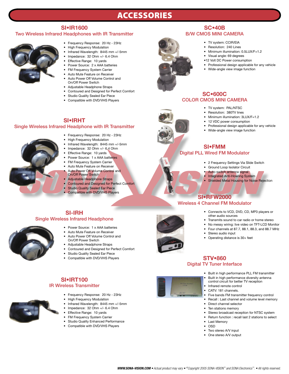 Accessories, Si•ir1600, Si•irht | Si-irh, Si•irt100, Sc•40b, Sc•600c, Si•fmm, Si•rfw2000, Stv•860 | SONA Electronics SE560 User Manual | Page 8 / 12