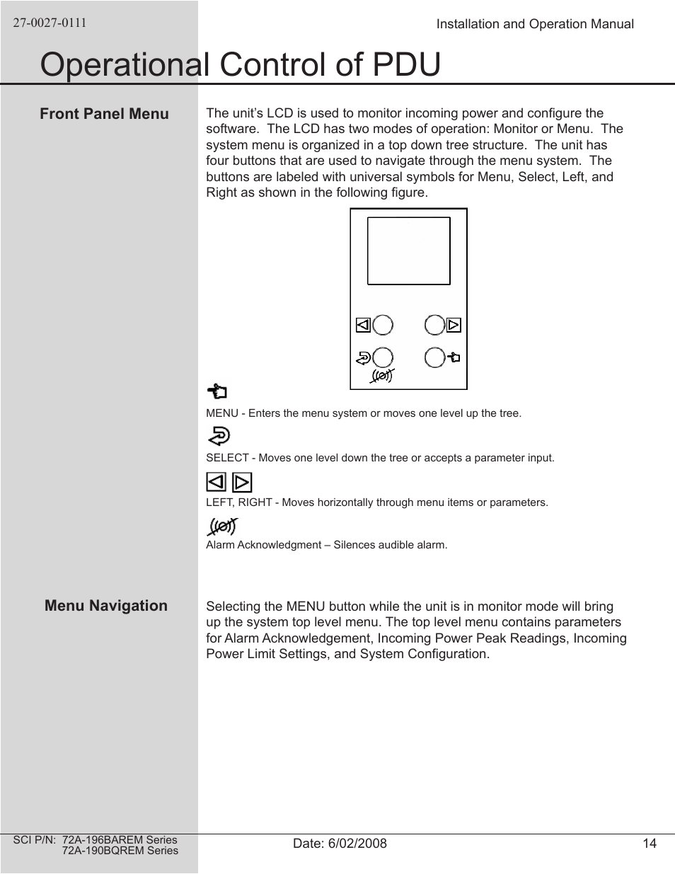 Operational control of pdu | Spectrum Brands 72A-196BAREM Series User Manual | Page 14 / 26