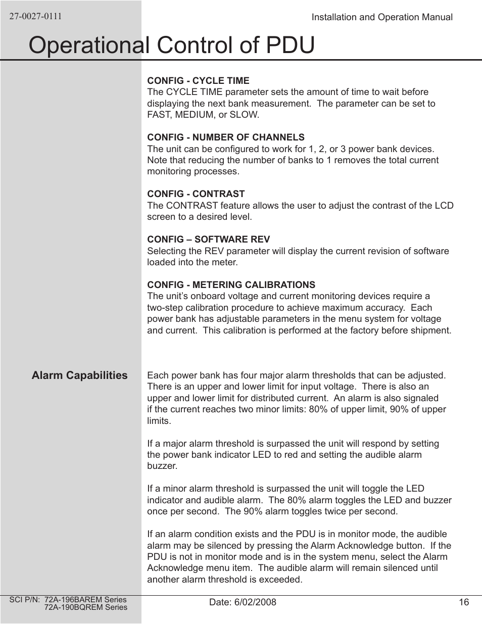Operational control of pdu | Spectrum Brands 72A-196BAREM Series User Manual | Page 16 / 26