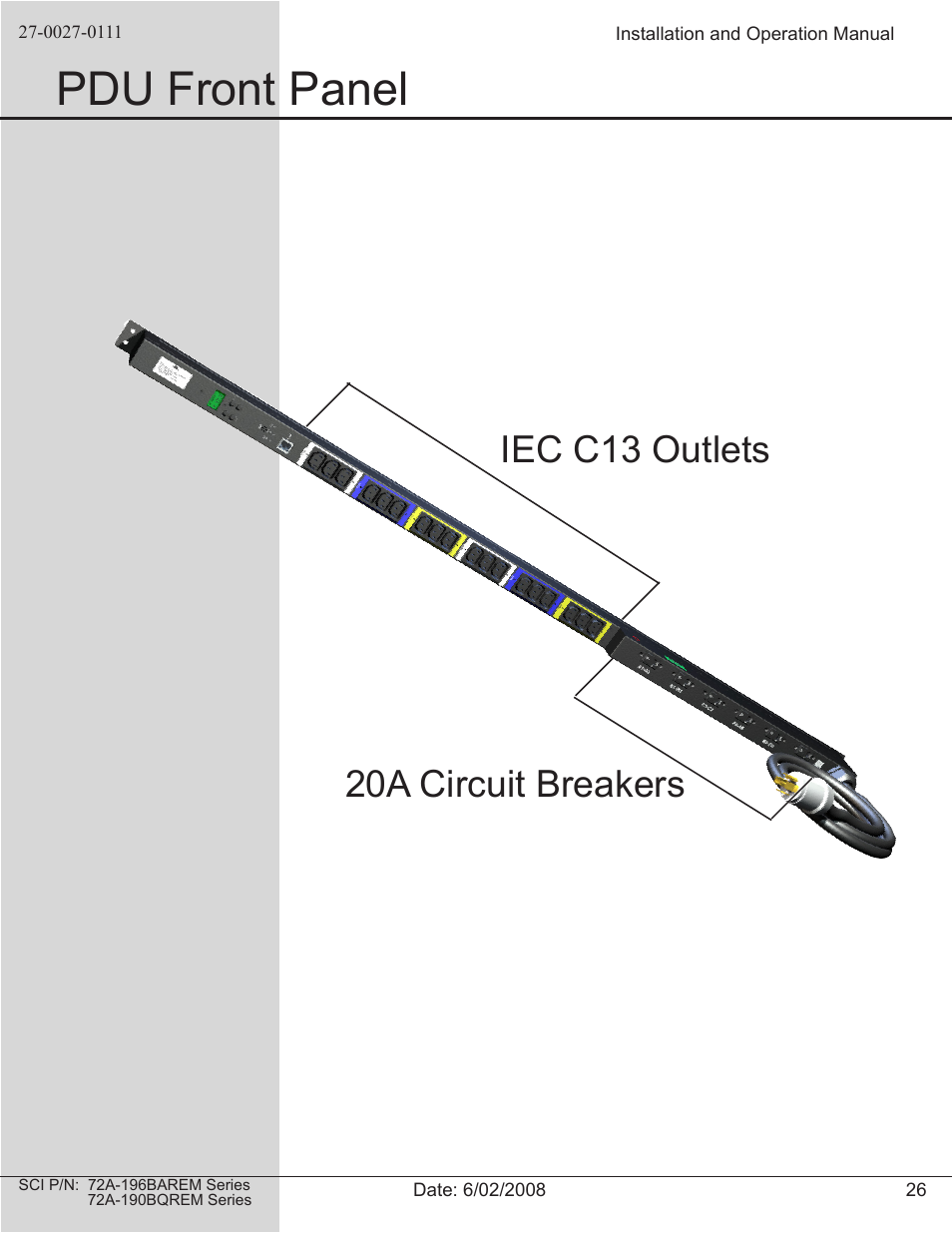 Pdu front panel, Iec c13 outlets 20a circuit breakers | Spectrum Brands 72A-196BAREM Series User Manual | Page 26 / 26