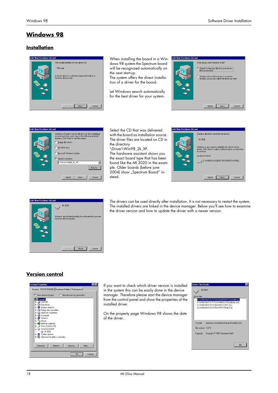 Windows 98, Installation, Version control | Installation version control | Spectrum Brands MI.20xx User Manual | Page 18 / 96